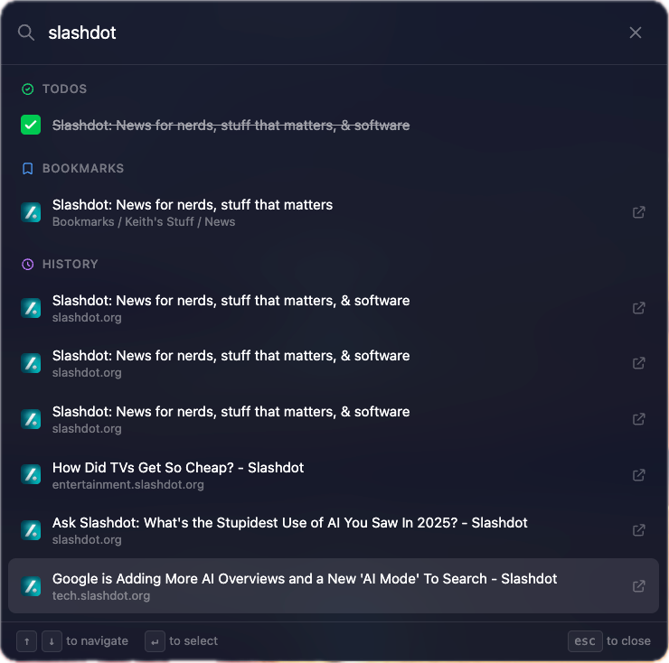 Command palette searching across todos, bookmarks, and history simultaneously