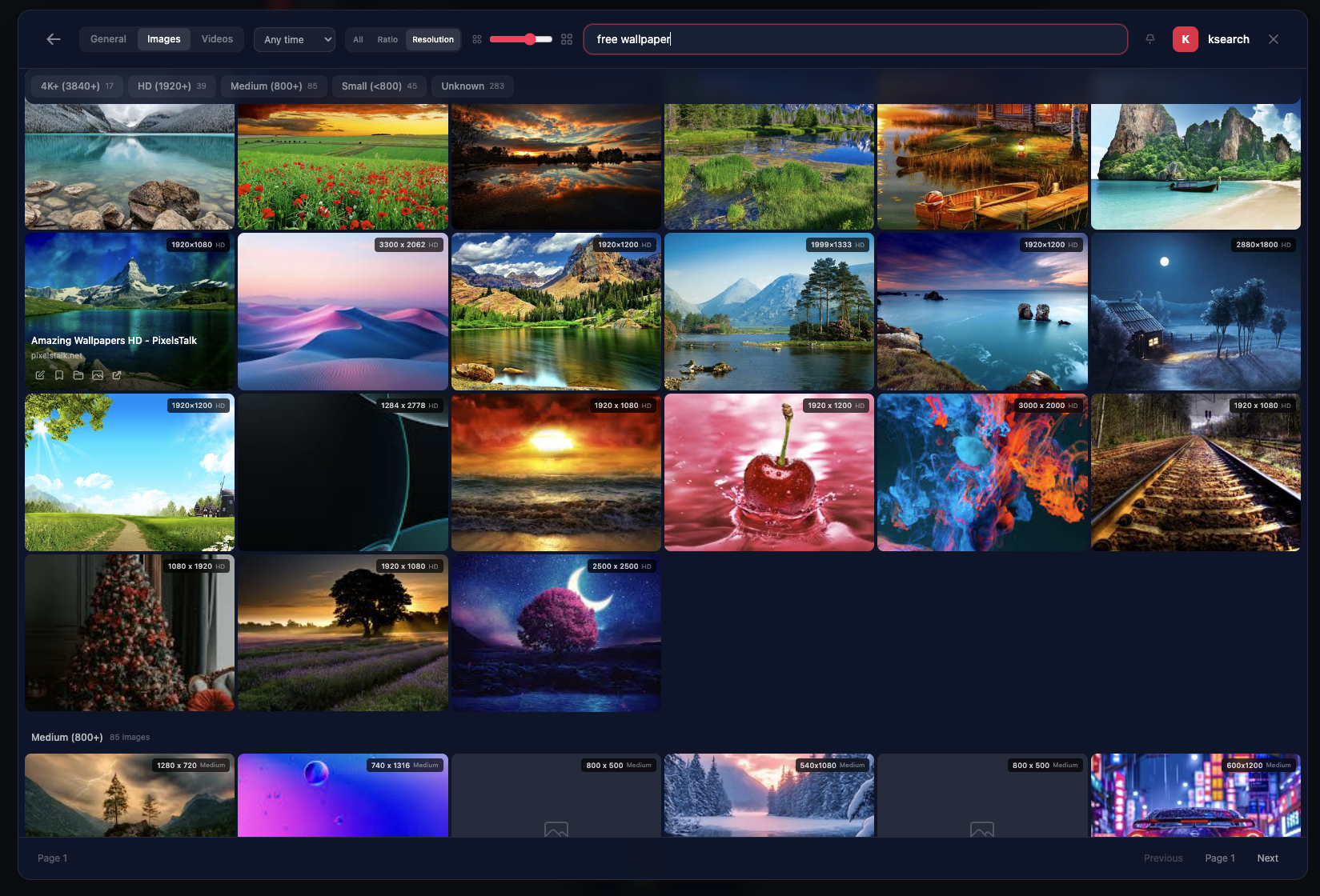 ksearch image search showing a grid of HD wallpaper results with resolution filters